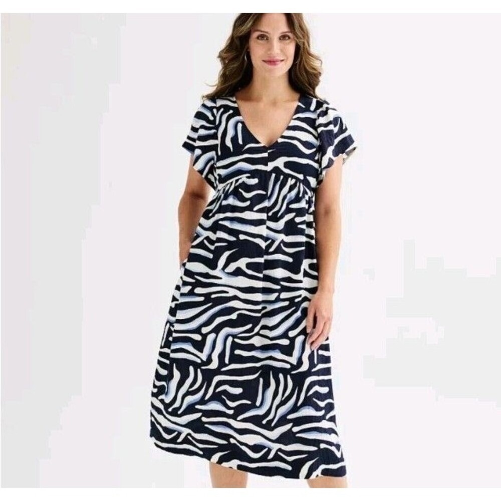 Ellen Tracy Zebra‎ Stripe Midi Palmetto Dress XS Navy Blue White Coastal Resort